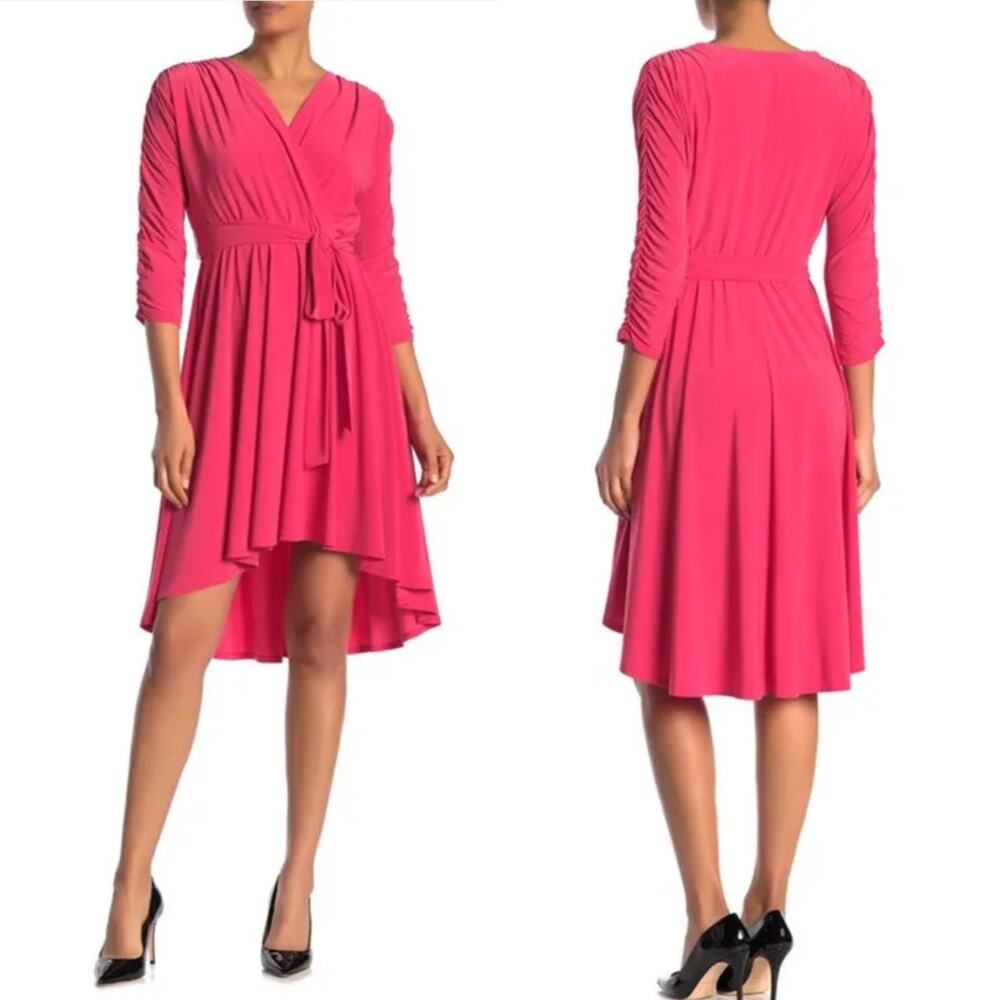 Eliza J Faux Wrap Cocktail Dress 10 Jersey Knit Belted V Neck‎ High Low Hem Pink